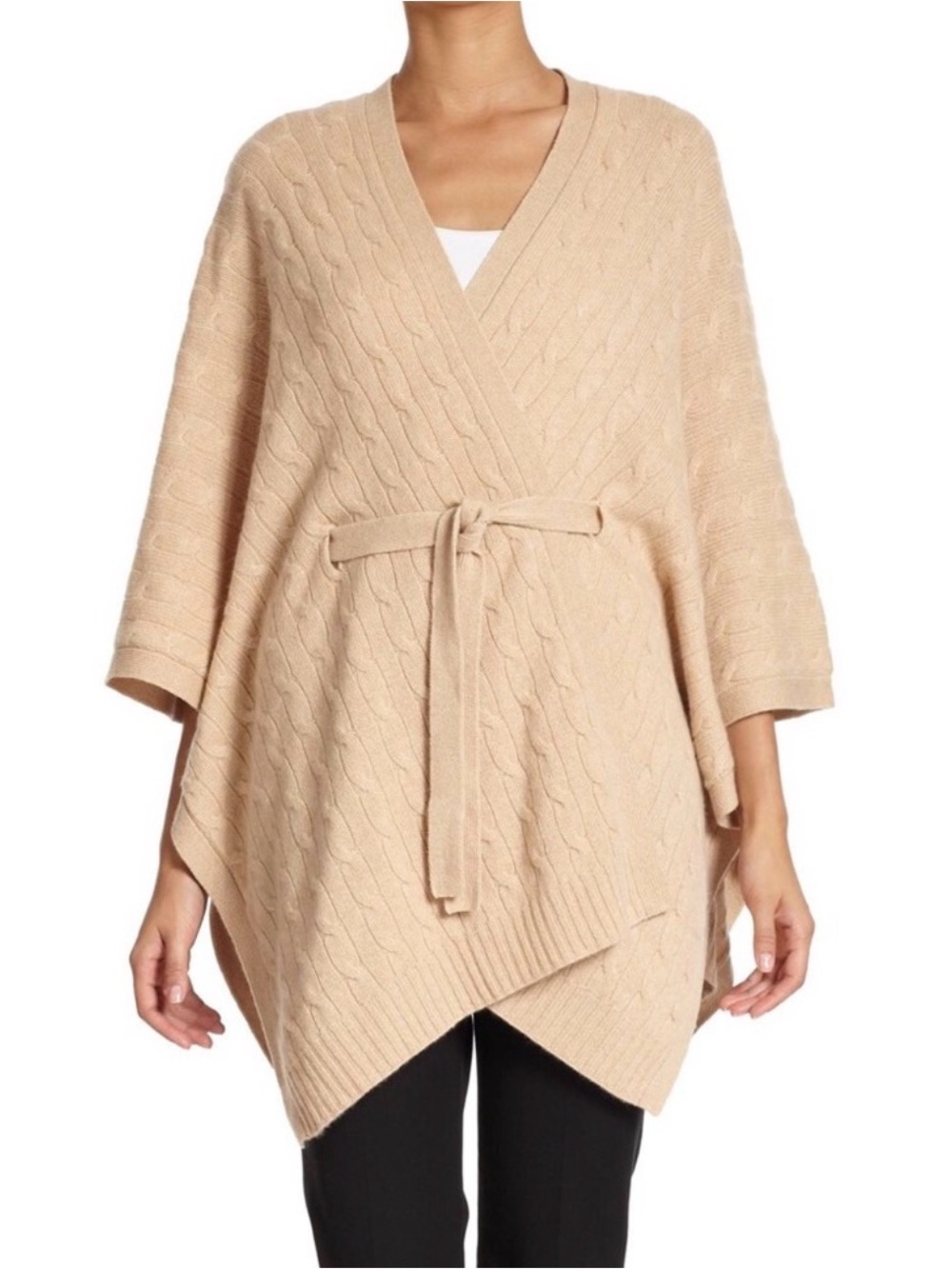 Saks Fifth Avenue Cashmere Tie-Front Cable Knit Poncho Sweater - Cream Size XS/S
